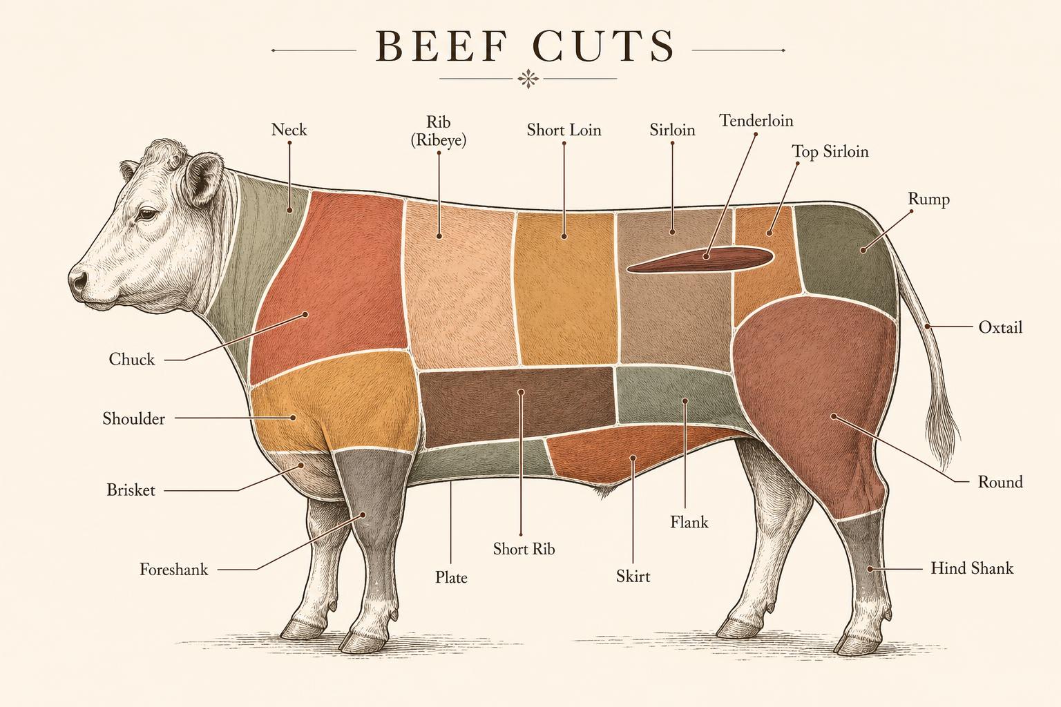 Illustrated diagram of a cow showing all the primal beef cuts: neck, chuck, shoulder, rib, short loin, sirloin, tenderloin, top sirloin, rump, round, hind shank, brisket, foreshank, plate, short rib, flank, skirt and oxtail.
